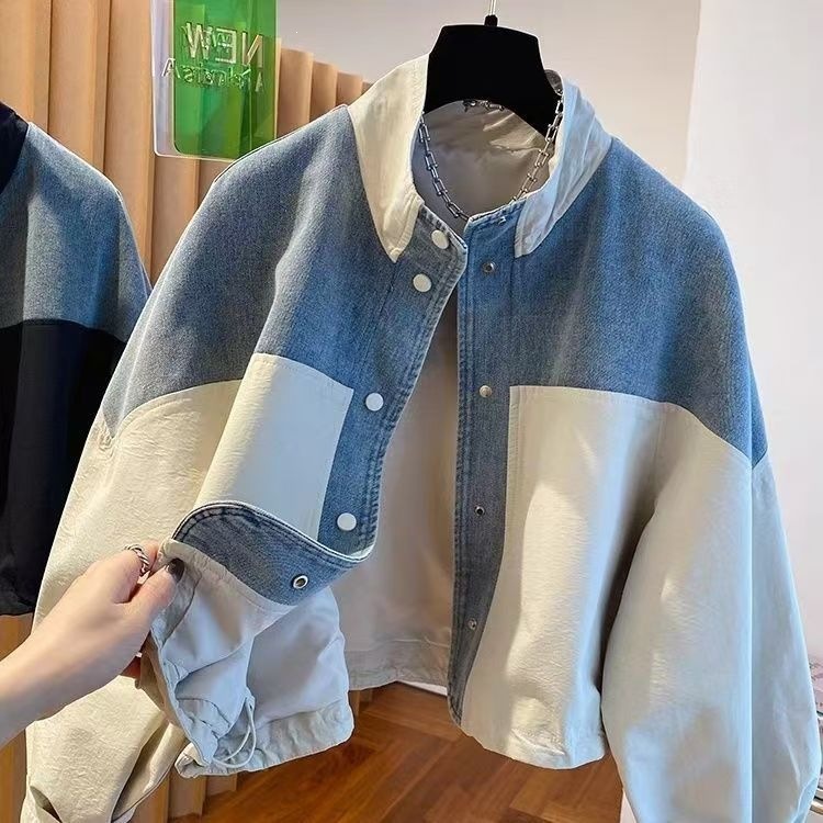 European-style denim patchwork stand collar jacket for women, spring and autumn 2026 new style, loose casual short jacket for petite women.