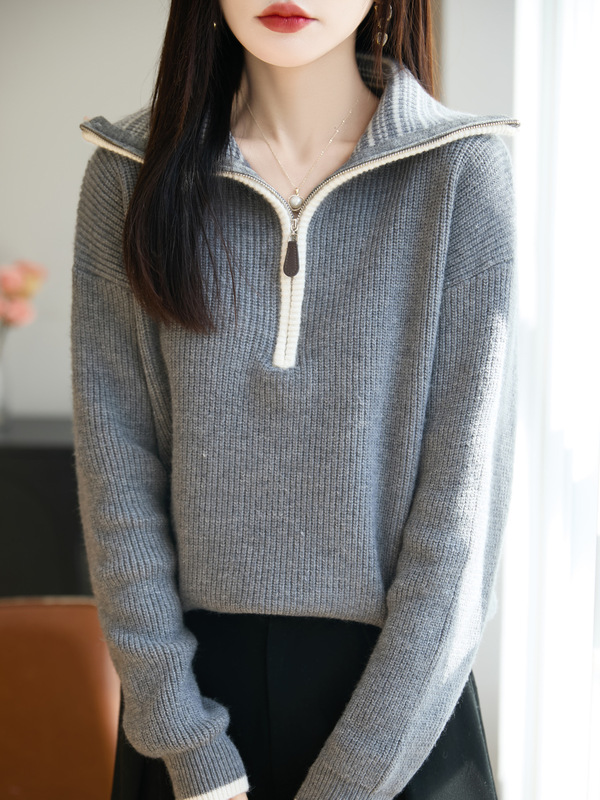 Gentle and Lazy Style Half-Zip Stand Collar Sweater for Women, Color-Blocking, Warm and Thick Knitwear, New Autumn/Winter 2025 Base Layer Gentle and Lazy Style Half-Zip Stand Collar Sweater for Women, Color-Blocking, Warm and Thick Knitwear, New Autumn/Winter 2025 Base Layer
