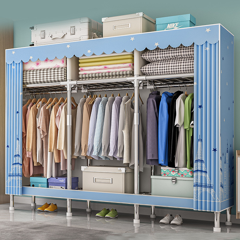 Simple Wardrobe for Home Bedroom Assembly, Fabric Wardrobe with Full Steel Frame, Reinforced for Rental Use, Storage Cabinet, Hanging Closet