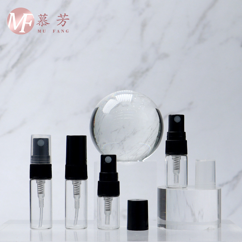 现货 2ml/3ml小容量玻璃喷雾瓶 透明矮胖拉管瓶  试用装分装空瓶