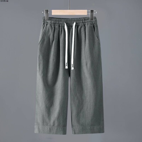 High-end pure color linen men's over-the-knee triceps summer breathable linen fabric mid-pants ramie horsepants short pants