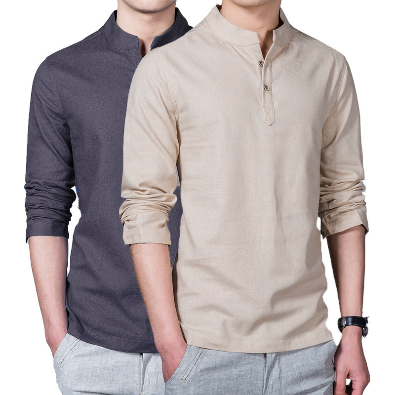 Solid Color Casual Cotton Linen Men's Shirt Black 2023 Spring New Long Sleeve Men's Stand Collar Polo Shirt plus size