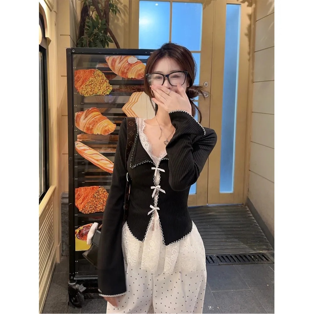 레이스 멜빵 + 블랙 가디건 [투피스 세트]