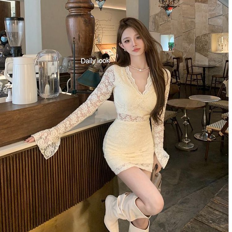 New French Style Spice Girls Socialite Sexy Long Sleeve Hollow Lace dress Base Slim-fit Elegant Autumn and Winter Skirt