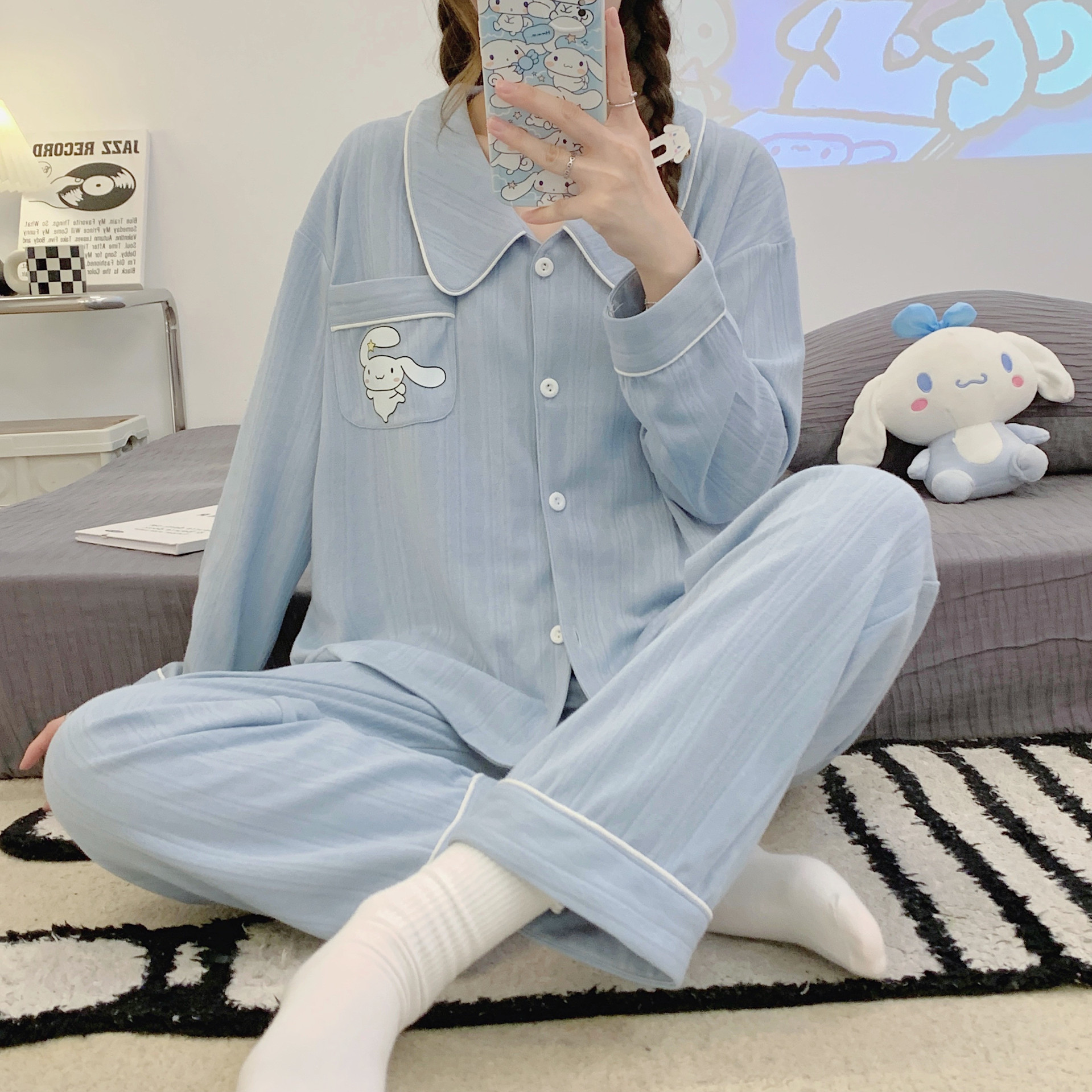 Internet Celebrity pijamas azules de alto grado algodón jacquard peinado de las mujeres Otoño e Invierno de manga larga cardigan linda chica dulce traje de desgaste para el hogar