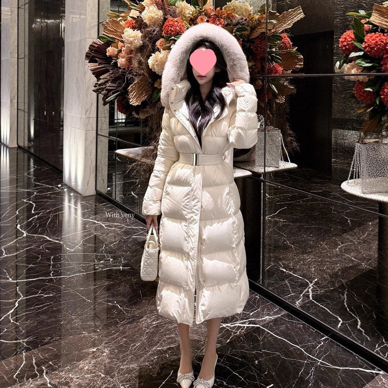 Real Fox Fur Collar Hooded down Jacket for Women Winter 2024 Mid-Length Thick Waist Slimming Look 90 White Duck down Jacket