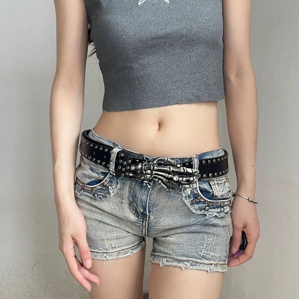 Ремень с черепом Бох, стиль уличной панк-эстетики Y2K, винтаж/чёрный/белый/коричневый, 27×7×1 см
