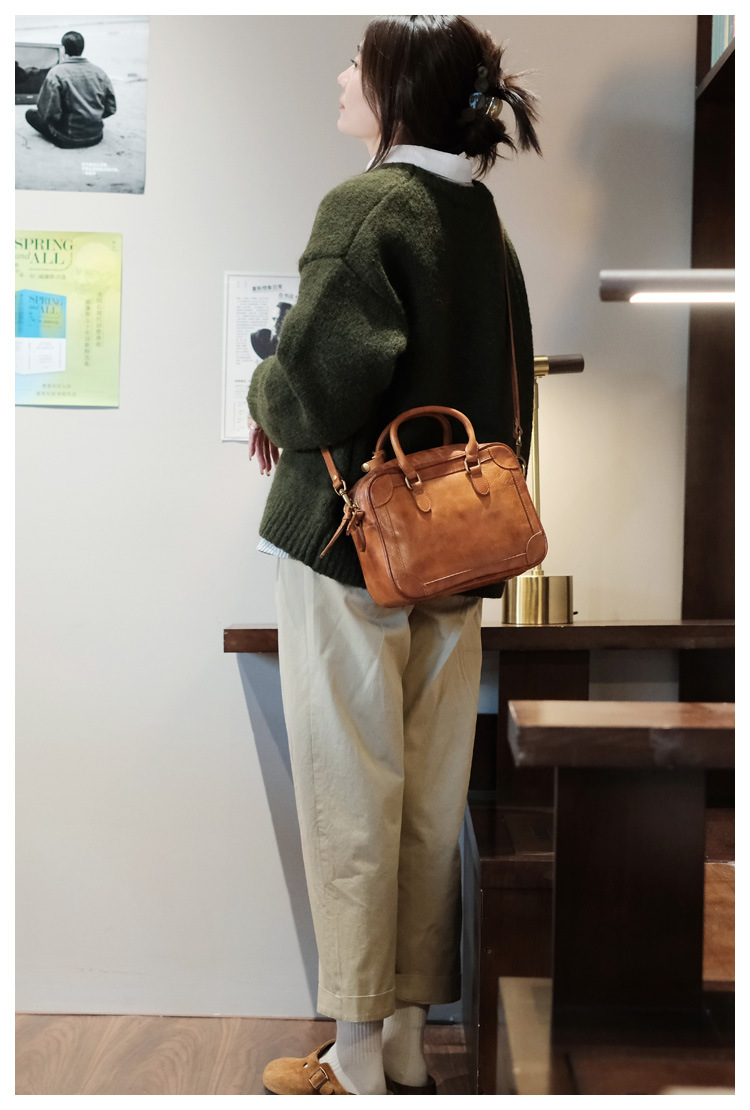 Túi đeo chéo Boston nữ da thuộc thực vật phong cách Hàn Quốc tối giản (25×8×18 cm) — màu vàng nâu chi tiết 8