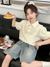 女童夏季套装2024新款洋气时髦女孩中国风新中式盘扣衬衫牛仔中裤