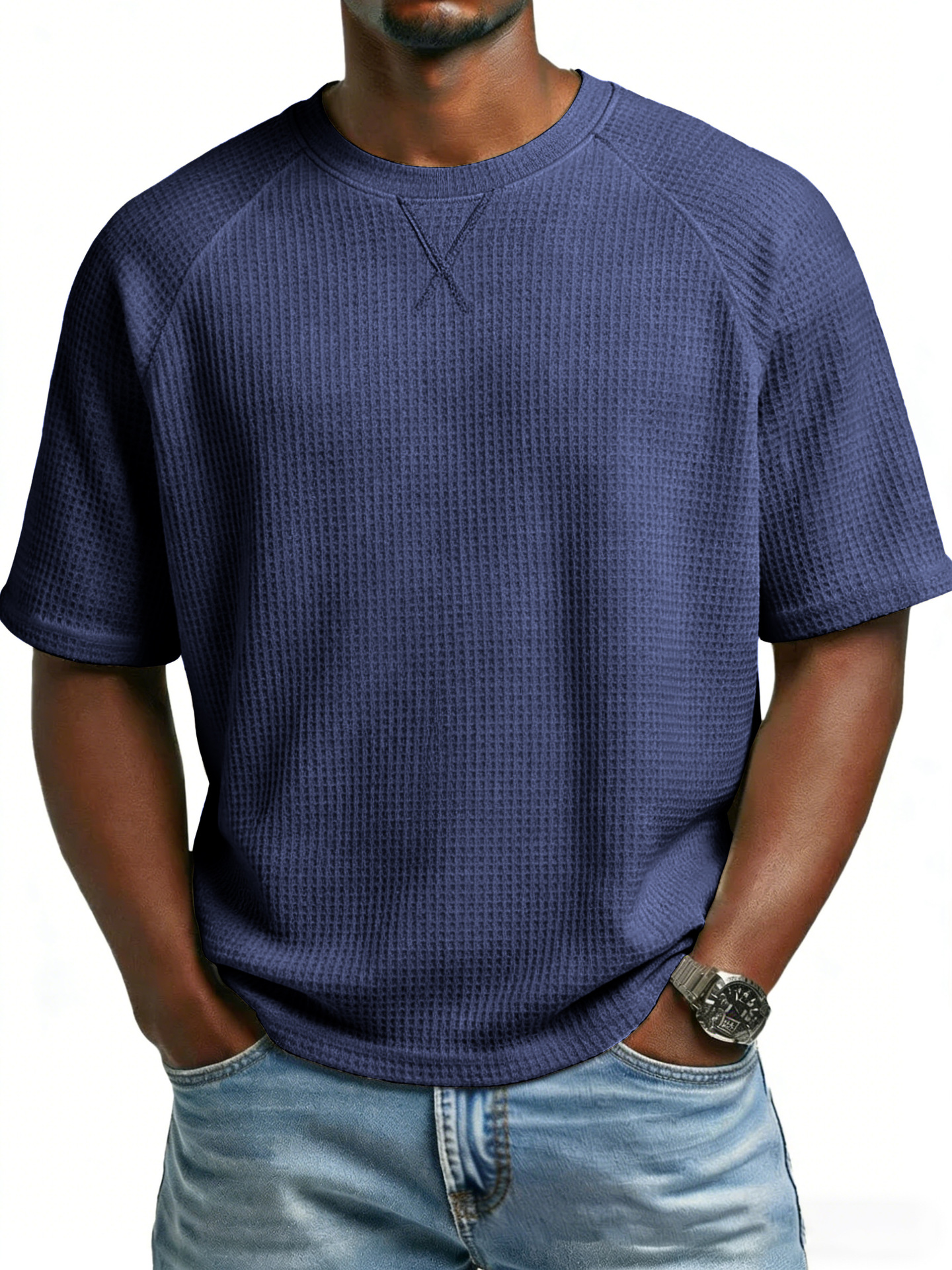Europa y los Estados Unidos primavera y verano estación independiente transfronteriza hombre waffle de punto de manga de hombro cuello redondo TK manga corta camiseta de comercio exterior de hombre