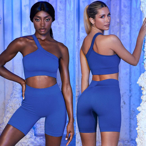  Western and European Cross-border Seamless Yoga Suit Set New Women's Single Shoulder Sports Bra and Tummy Control Shorts