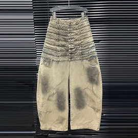 2026年春季新款多腰头牛仔裤女设计感时尚宽松弯刀裤阔腿长裤