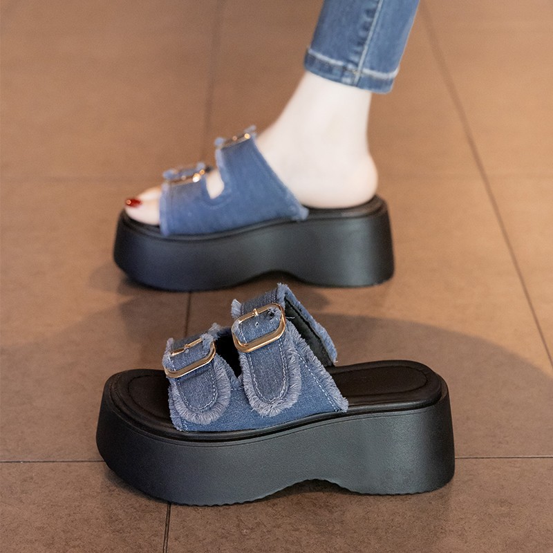 여름 아우터로 입기 좋은 두꺼운 밑창의 여성용 슬리퍼와 스커트, 2025년 초인기 신상 외출용 웨지힐 슬리퍼