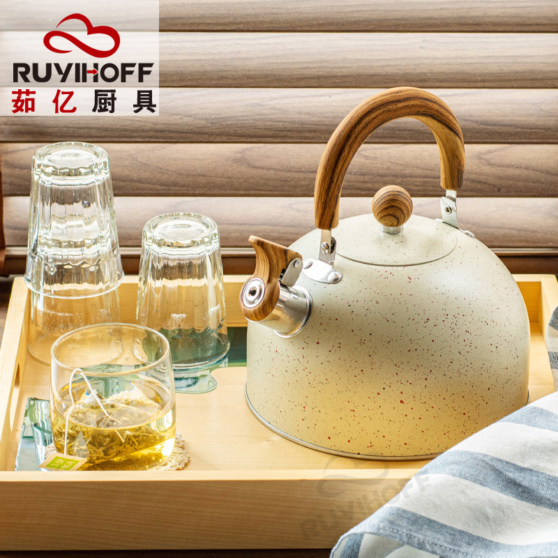 跨境米白噴點不鏽鋼鳴音燒水壺泡茶咖啡歐美鳴笛壺2.5L廚具口哨壺
