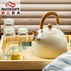 跨境米白噴點不鏽鋼鳴音燒水壺泡茶咖啡歐美鳴笛壺2.5L廚具口哨壺