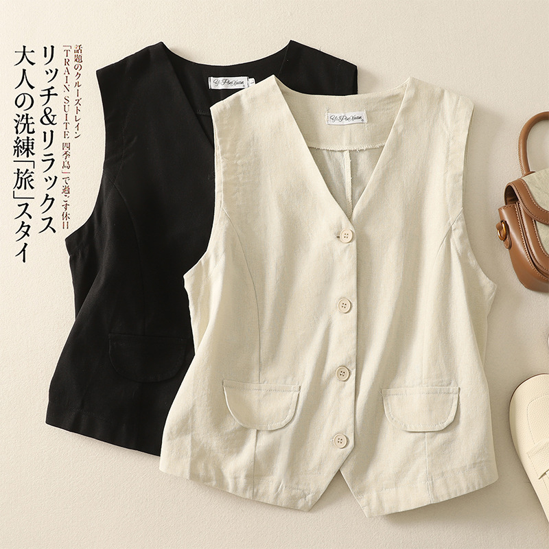 Retro Design Solid Color Cotton and Linen V-Neck Vest Jacket Sleeveless Women's Vest 2026 Summer New Trendy Top