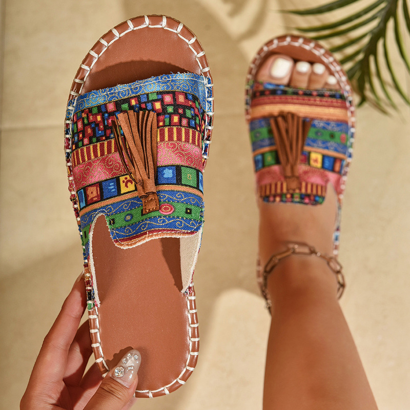Southeast Asia Foreign Trade New Style Bohemian Tassel Flat Slippers for Women to Wear Ethnic Style Soft-Soled Beach Sandals