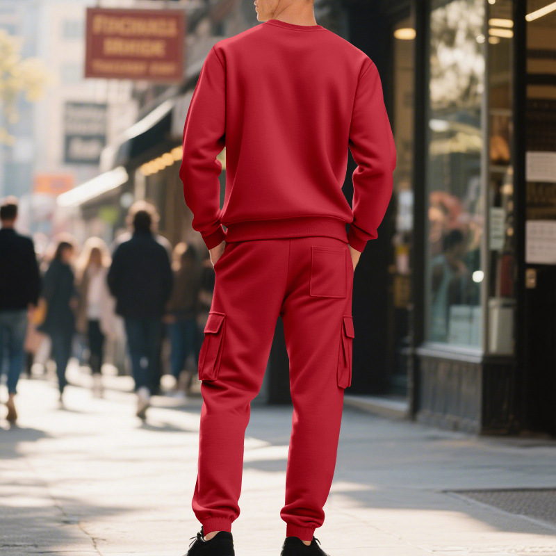 Europe, America, Autumn And Winter Heavy Velvet Men's Loose Casual Sports Tooling Round Neck Solid Color Sweater Trousers Set_viptrois.com