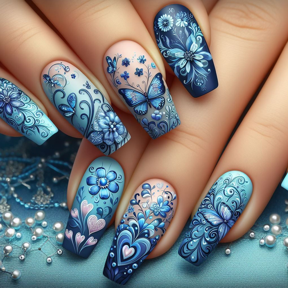 Azul amor manicure francesa esmerilado flor mar de uñas parches al por mayor mariposa de venta en Europa y América desgaste de uñas
