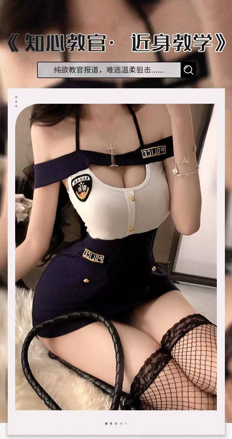 Policewoman Roleplay Costume Set with Hip-Covering Uniform Dress, Black One Size — detail image 2