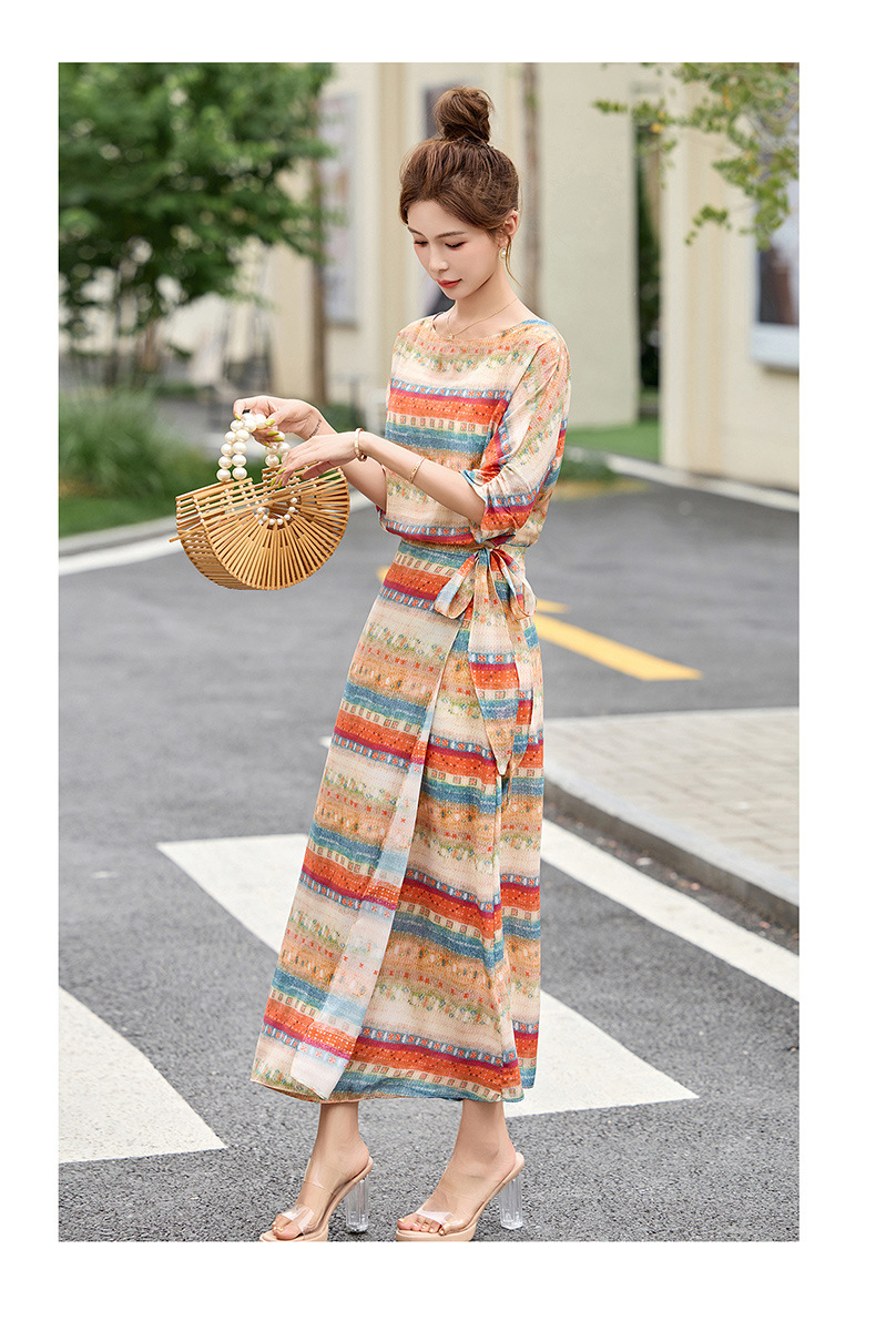 Đầm maxi nữ thắt eo in họa tiết hoa thanh lịch mùa hè 2025 — Cam hoa, Hoa tím, Hoa sọc, Hồng hoa tím chi tiết 38