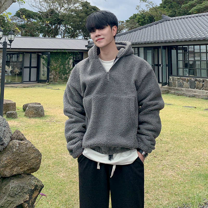 Abrigo acolchado de algodón de lana de cordero MYQ abrigo de lana de cordero de invierno para hombre estilo coreano de moda forrado de lana gruesa suelta con capucha Abrigo acolchado de algodón