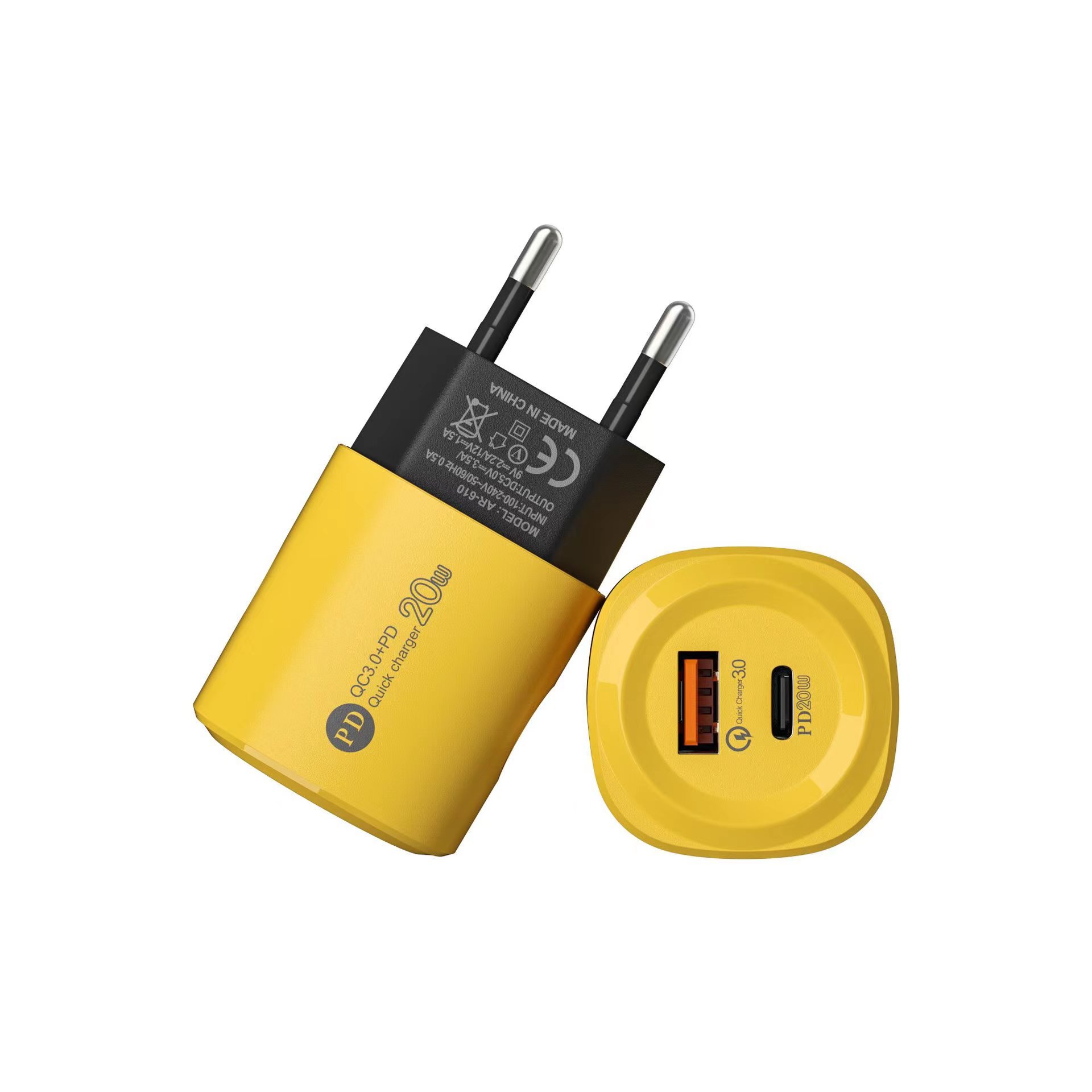 PD20W+QC3.0 European and American standard mobile phone multi charger yellow round shell dual port fast charging head_voghion.com