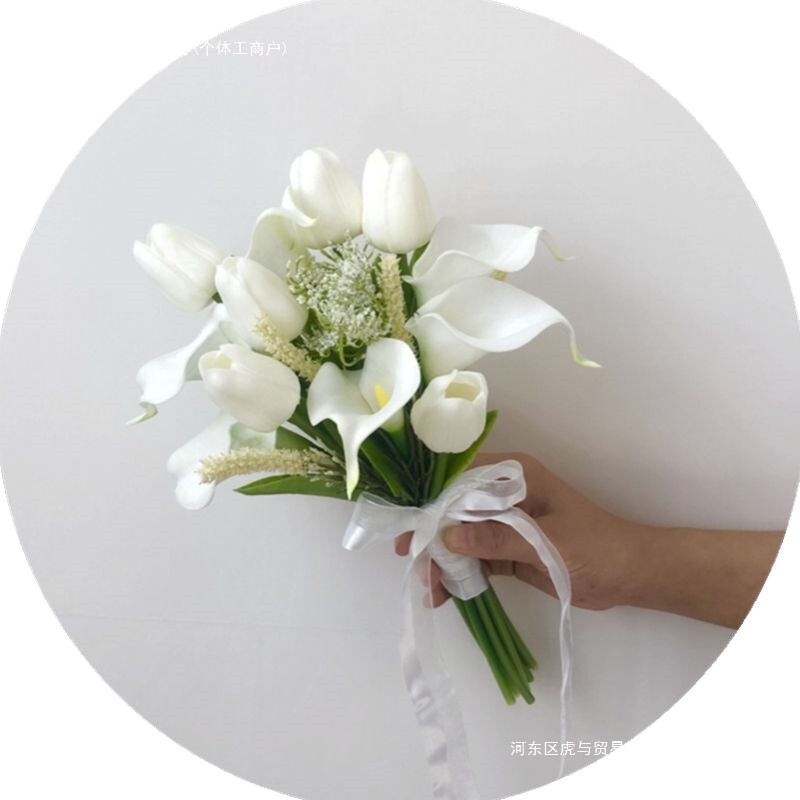 韓国造花、造花、ブライダルフォレストスタイルのブーケ、オランダカイウユリ、チューリップ、結婚式の写真撮影、証明書写真小道具|undefined