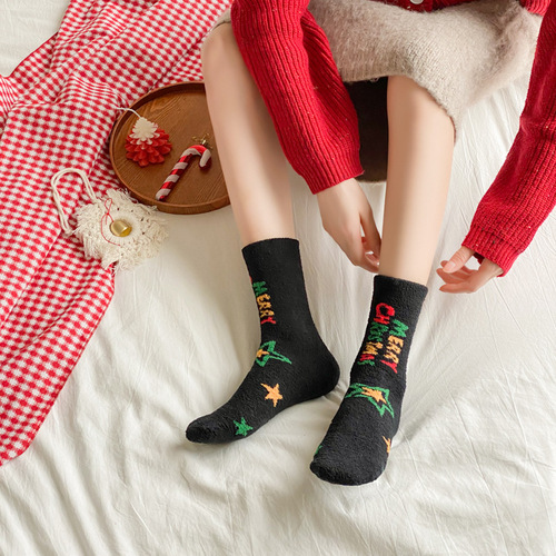 New  Christmas Medium Socks Autumn and Winter Thick Coral Fleece Socks Warm Towel Socks Home Sleep Socks for Children