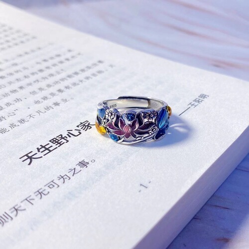 Plain silver cloisonné lotus carp hollow national style ring retro old craft open ring simple silver hand jewelry