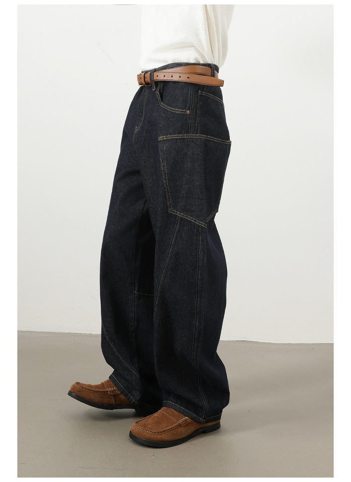 Quần jean nam ống rộng phong cách đường phố retro, nhiều túi hộp, dáng lỏng lẻo — Denim đen, Trắng, màu hồng, màu xanh chi tiết 9