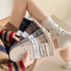 碎花袜子女中筒袜秋冬款纯棉日系ins复古花边长袜韩版无骨堆堆袜