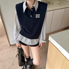 mm家25ss秋冬新款假两件设计外层垫肩设计内层条纹衬衣时髦