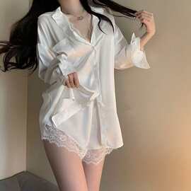 女夏性感蕾丝诱惑睡衣家居服套装纯欲风白衬衫冰丝睡衣男友风衬衫