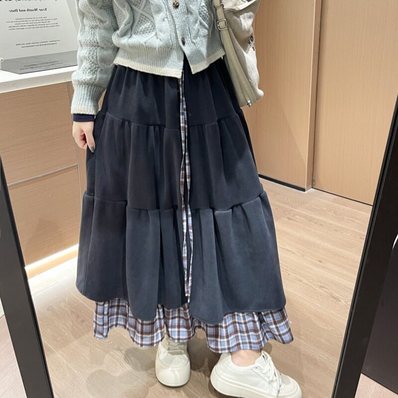 Plus-Size Corduroy Skirt in Coffee Brown for Women, Spring and Autumn Japanese Style, Plaid Long Skirt, Elaborate Layered Cake Skirt