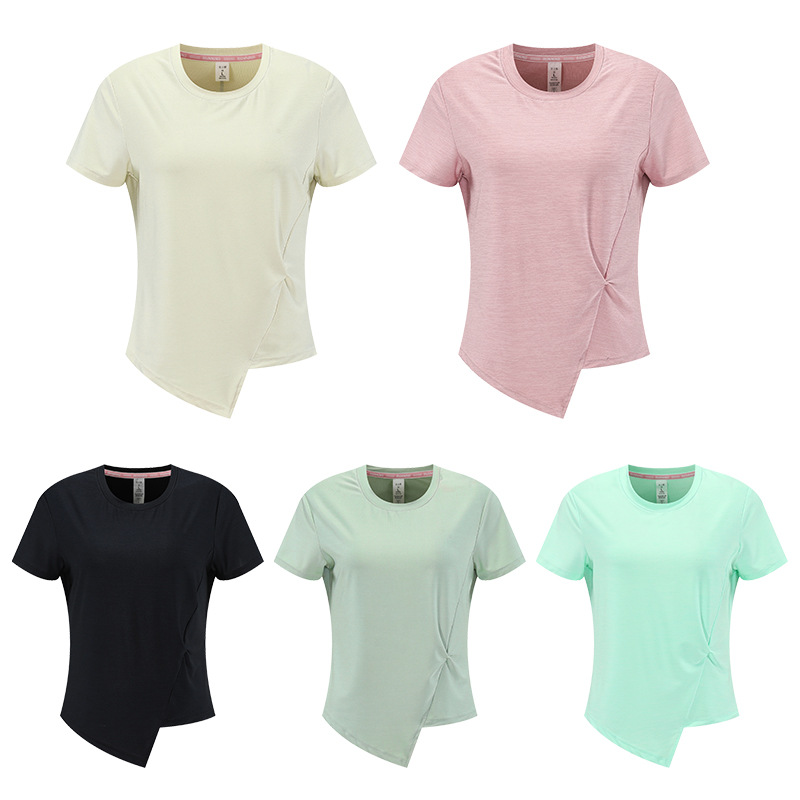 Camiseta deportiva de manga corta para mujer, estilo europeo y americano, para comercio transfronterizo, de secado rápido, para correr al aire libre, yoga, baile, fitness, transpirable, con cuello redondo