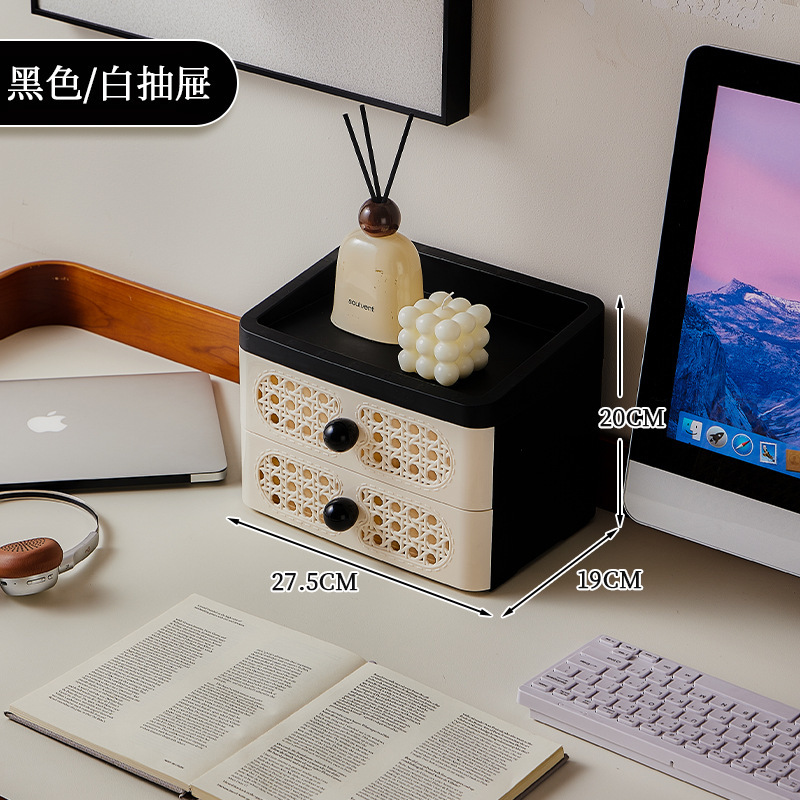 复古桌面收纳盒子轻奢长方形化妆品整理盒仿藤编设计多功能置物篮|undefined