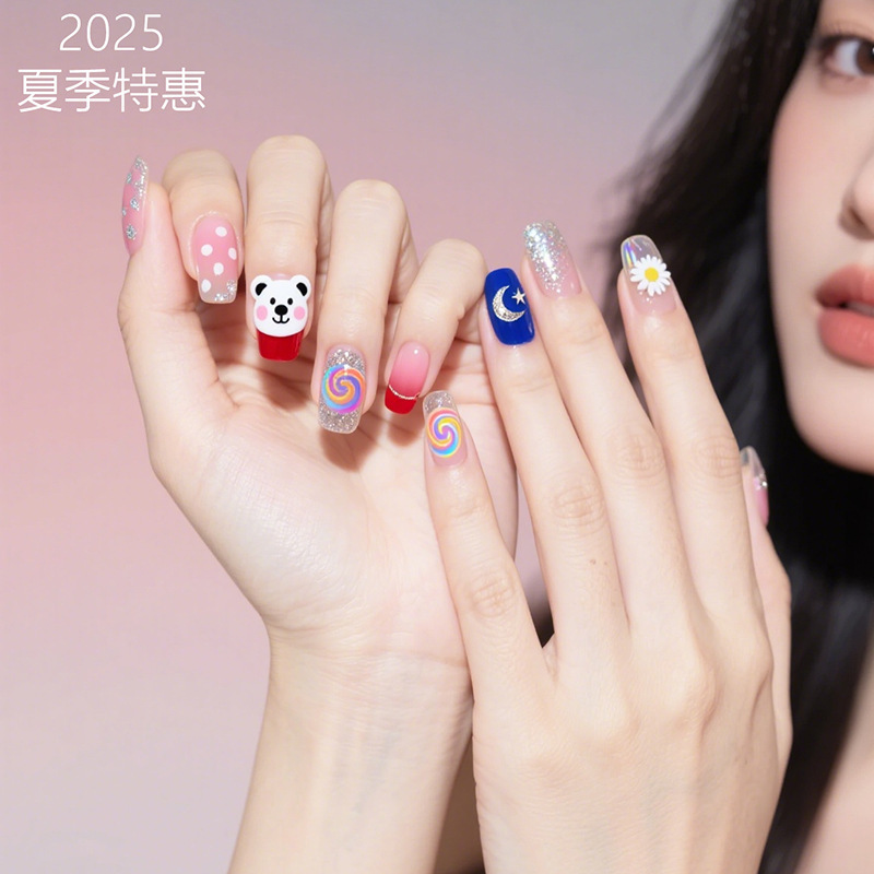 Internet-Famous Fireworks Wearable Nail Stickers, Versatile Nail Art Stickers, Cute Cartoon Girl Nail Stickers, Customizable with Private Label, Full Coverage