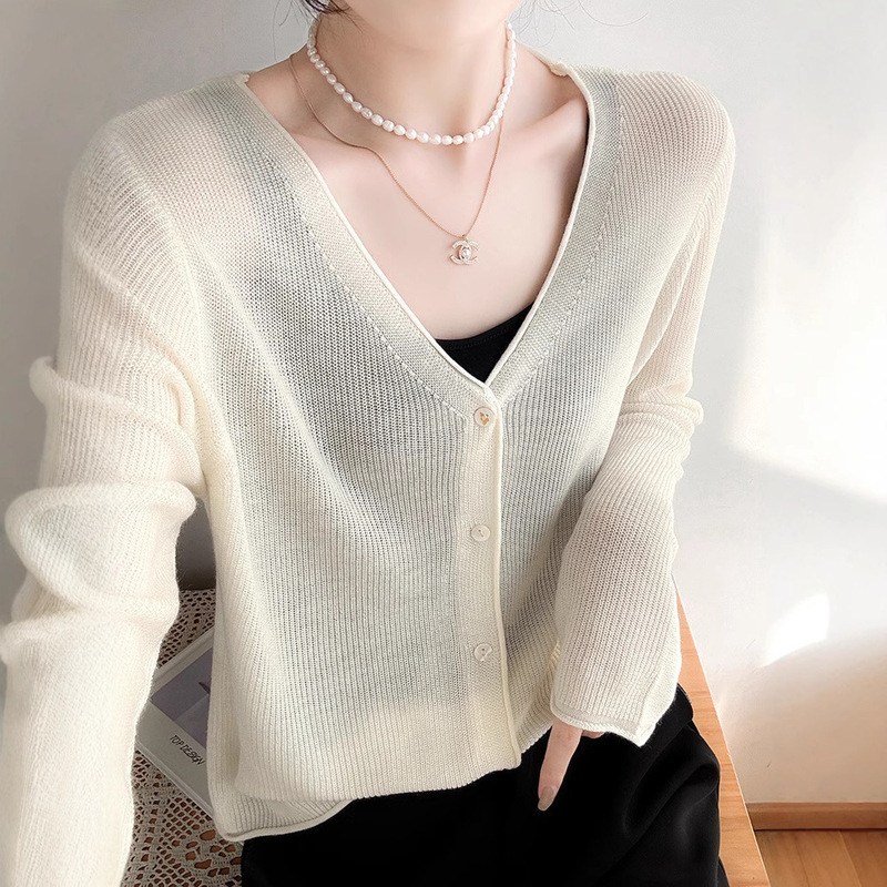 V-Neck Ice Silk Knitted Cardigan Women's Spring and Summer Thin Roll-up Long-sleeved Sunscreen Shirt Hollow Coat Top Air-conditioning Shirt for Women