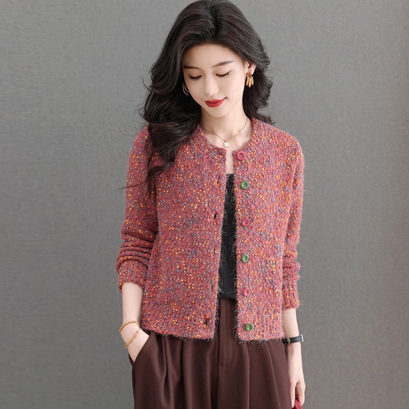 Tweed Style Round Neck Sweater Jacket Women's New Spring & Fall Loose and Stylish Short Knitted Cardigan Top for Small People