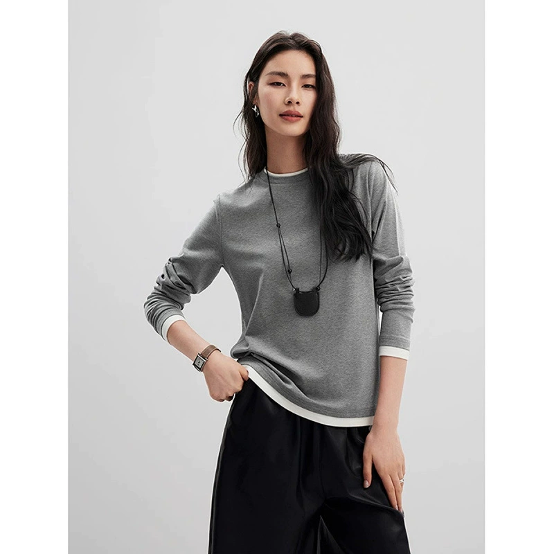 Пятно контрафактный цвет поддельные две мускулатуры, кашемировая футболка с длинными рукавами, женская 24 осенний дизайн, серая нижняя рубашка