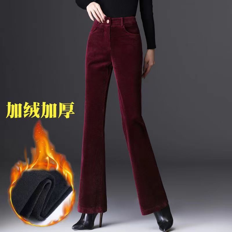 Fleece-Lined Thick Flared Corduroy Wide-Leg Pants for Women, High-Waisted, Slimming, Casual Versatile Long Pants for Spring and Autumn