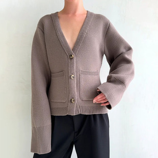 European and American Cross-Border V Neck Pocket Knitted Cardigan 2025 Autumn and Winter New Loose Fashion Long-Sleeved Export Sweater for Women