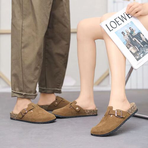 French retro soft-soled closed-toe velvet half slippers, thick-soled slip-on flat Birkenstock shoes