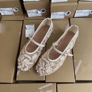Embroidered Pearl Mesh Ballet Shoes for Women, Fashionable Hollow Mesh Round Toe Flats Bottom Buckle Mary Jane Shoes