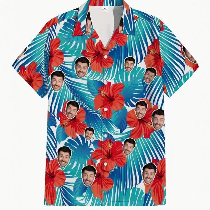 Customized portrait photo Hawaiian shirt with 3D tropical floral design, short-sleeved beach vacation shirt for couples Customized portrait photo Hawaiian shirt with 3D tropical floral design, short-sleeved beach vacation shirt for couples