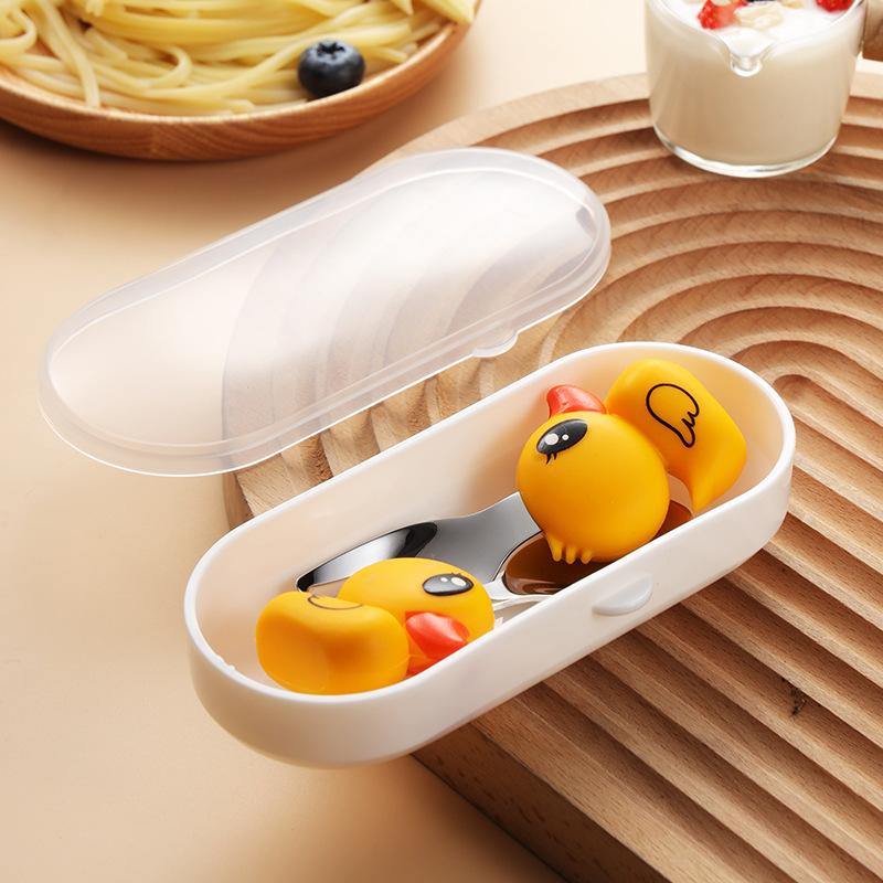작은 노란 오리 스푼 + 포크 (플라스틱 상자에 포장)