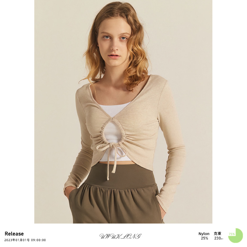 Niche long sleeve yoga clothes blouse slim fit high waist chest open round strap Korean style breathable dance yoga clothes