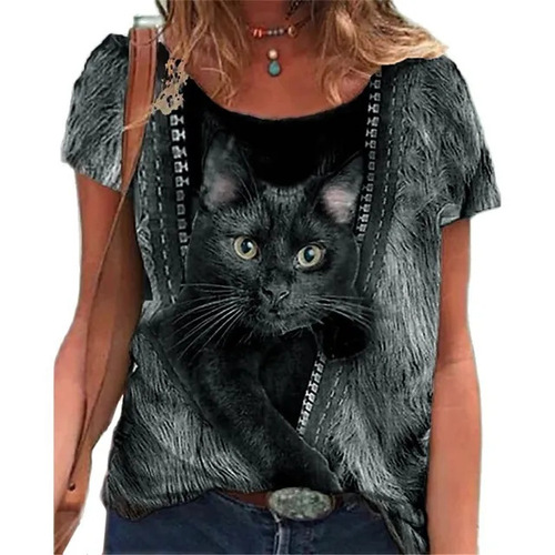 Summer 2024 Foreign Trade Women's Wholesalers Retro Cartoon Cat Cute 3D Print Crew Neck Short Sleeve T-Shirts