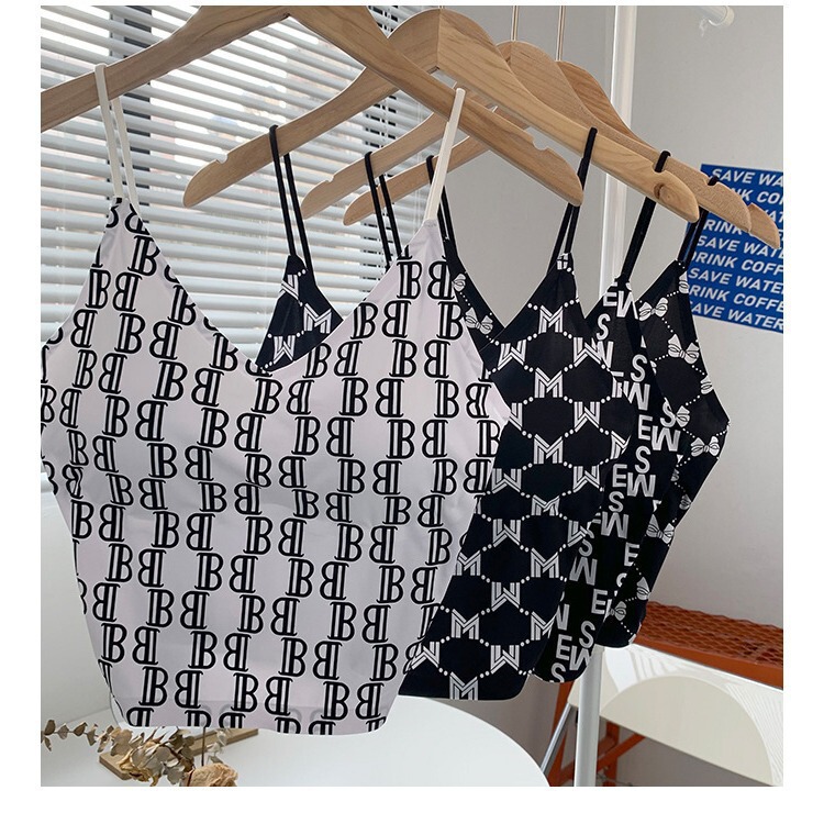 Trendy Brand Ice Silk Traceless Printed Vest Inner Wear Outer Wear Push-up No Steel Ring Removable Chest Pad High Elastic Breathable Soft